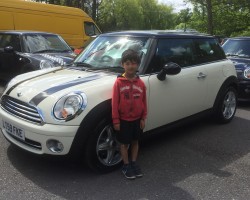 Jazz, one of our younger customers taking delivery of Mum’s car – Great Name MINI Sherald    2009 / 59 MINI Cooper with Chili Pack in Pepper White 33k miles