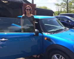 Alison’s beautiful daughter Elisabeth collecting her mum’s 2011 MINI One Pimlico in Lazer Blue with Pepper Pack Bluetooth & USB