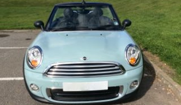 Jo is having Chelsea – 2012 MINI One Convertible in Ice Blue with Low miles & called Chelsea