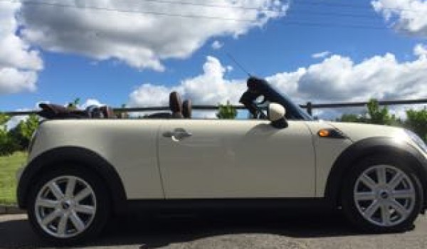 Olivia Chose this 2009 MINI Cooper Convertible In Pepper White with Chocolate Brown Hood & BIG SPEC