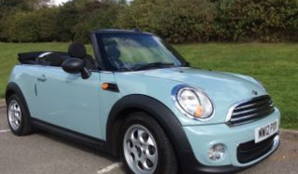 Jo is having Chelsea – 2012 MINI One Convertible in Ice Blue with Low miles & called Chelsea